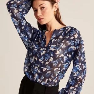 Abercrombie Long-Sleeve Sheer Plunge Top, Blue Floral, Small